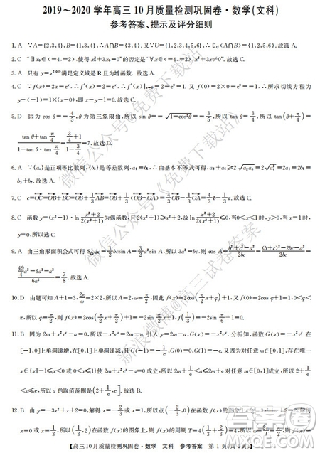 九師聯(lián)盟2019-2020學(xué)年高三10月質(zhì)量檢測鞏固卷文科數(shù)學(xué)試題及答案