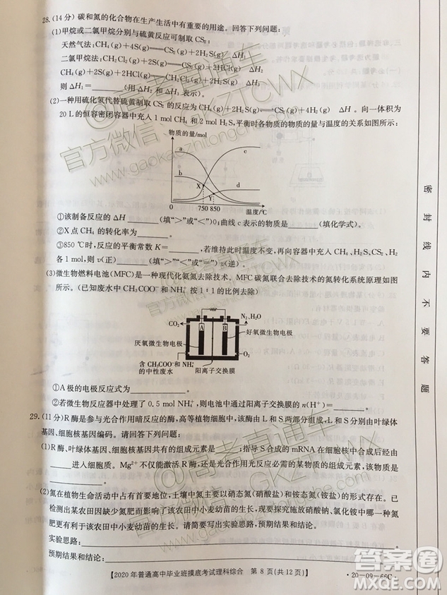 2020屆廣西南寧百色金太陽高三10月聯(lián)考理科綜合試題及參考答案