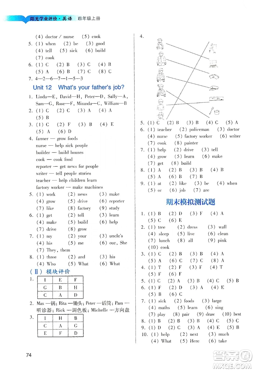 廣州出版社2019陽(yáng)光學(xué)業(yè)評(píng)價(jià)四年級(jí)英語(yǔ)上冊(cè)教科版答案