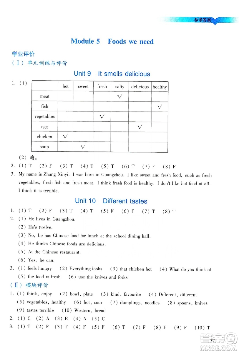 廣州出版社2019陽光學(xué)業(yè)評價五年級英語上冊教科版答案