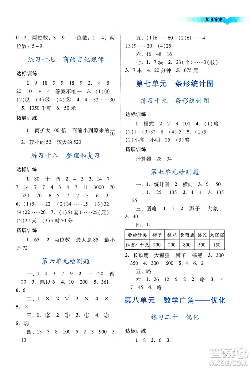 廣州出版社2019陽光學業(yè)評價數(shù)學四年級上冊人教版答案