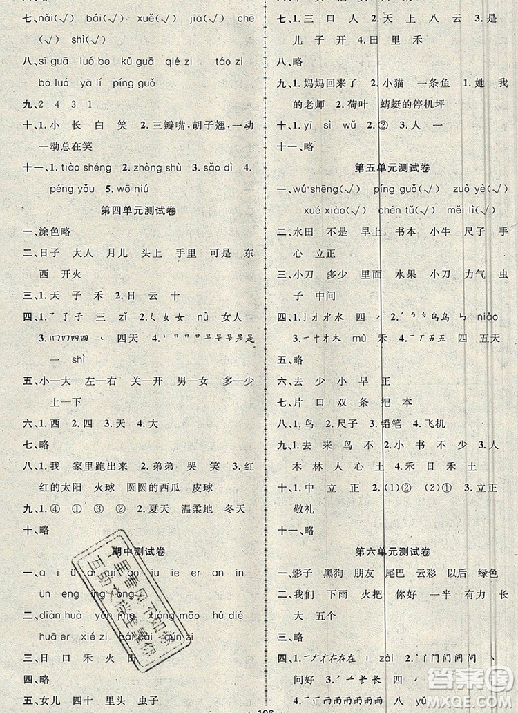 2019年金榜行動(dòng)高效課堂助教型教輔一年級(jí)語(yǔ)文上冊(cè)人教版參考答案