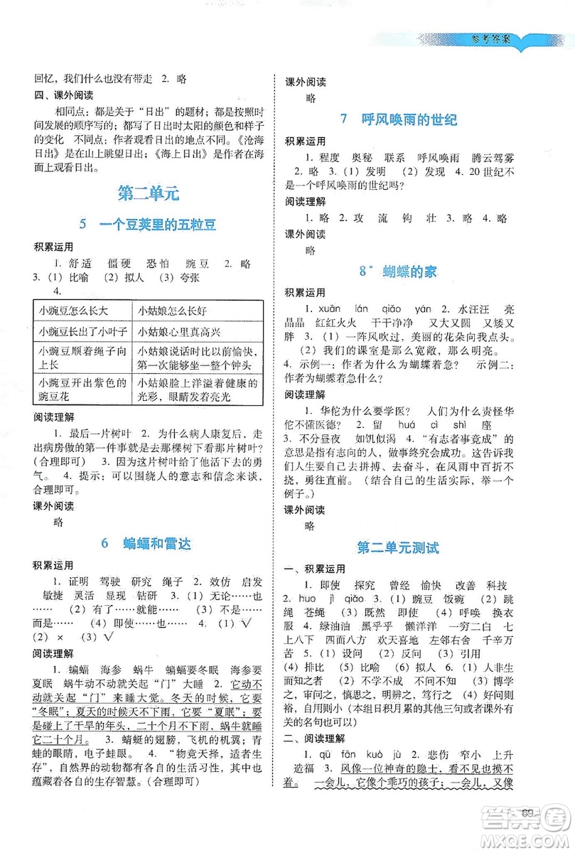 廣州出版社2019陽光學(xué)業(yè)評價四年級語文上冊人教版答案