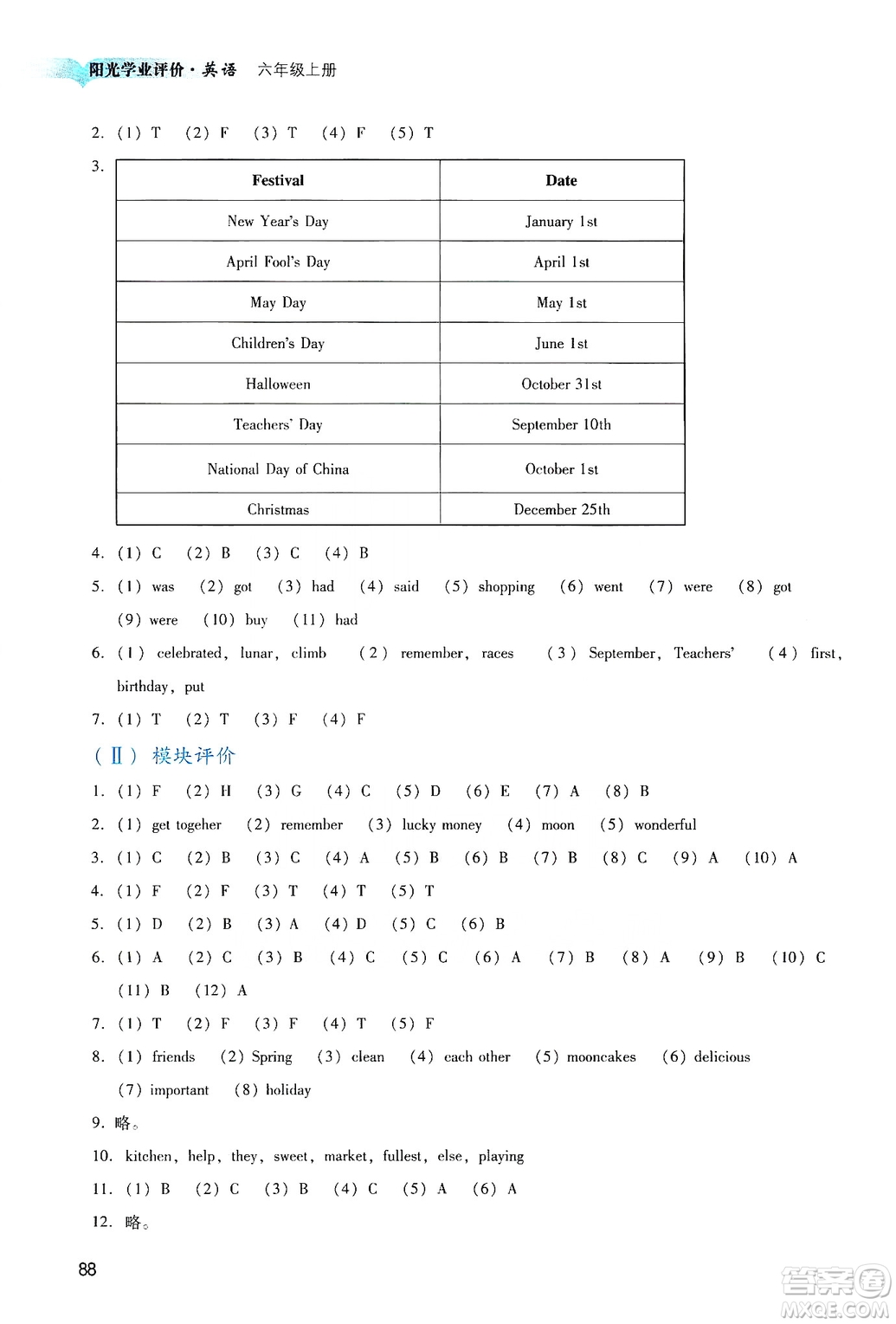 廣州出版社2019陽光學(xué)業(yè)評價(jià)六年級英語上冊教科版答案