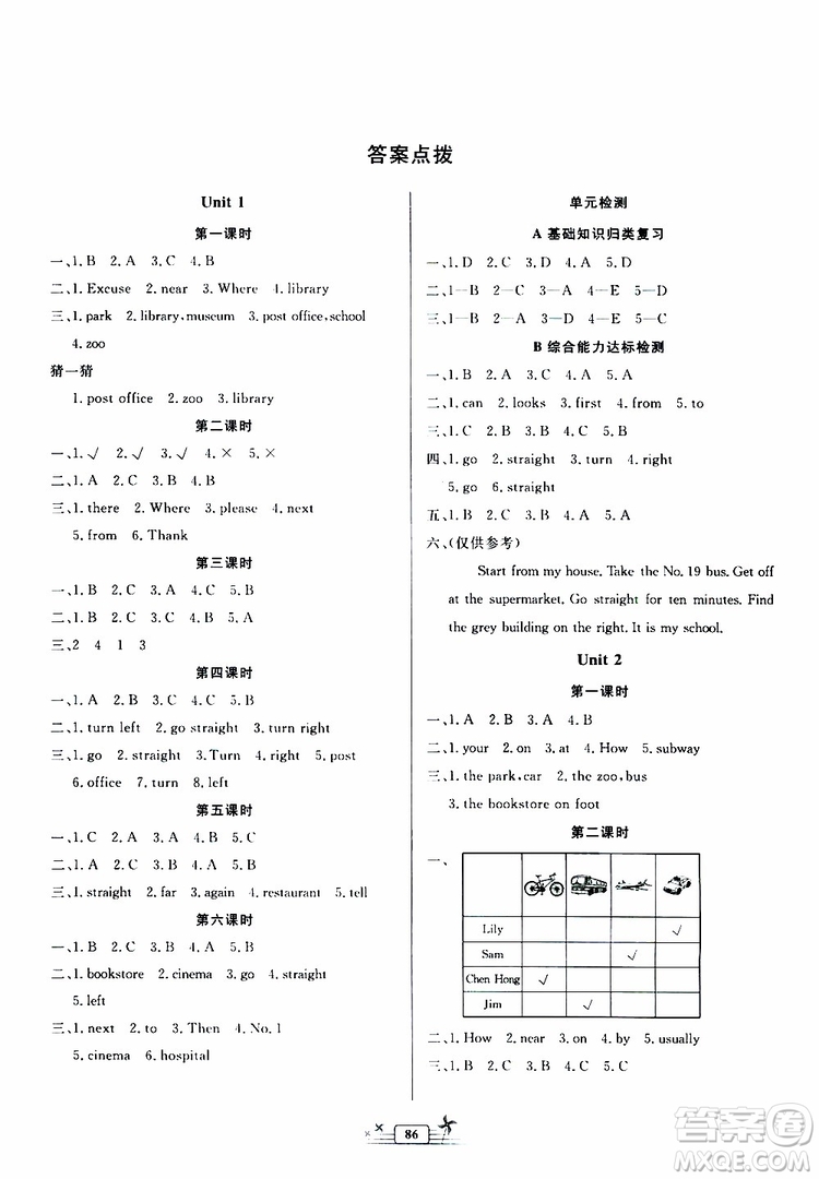 人民教育出版社2019年陽(yáng)光課堂金牌練習(xí)冊(cè)英語(yǔ)六年級(jí)上冊(cè)人教版參考答案