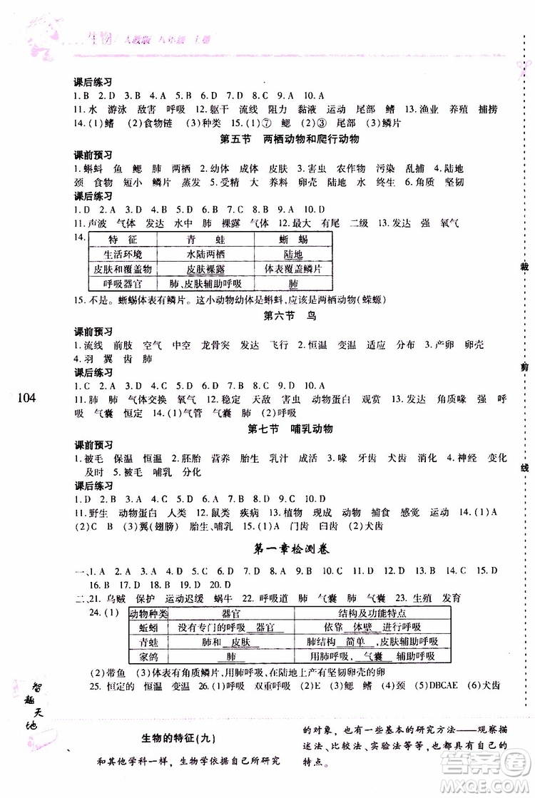 2019年新課程新練習(xí)生物八年級上冊人教版參考答案