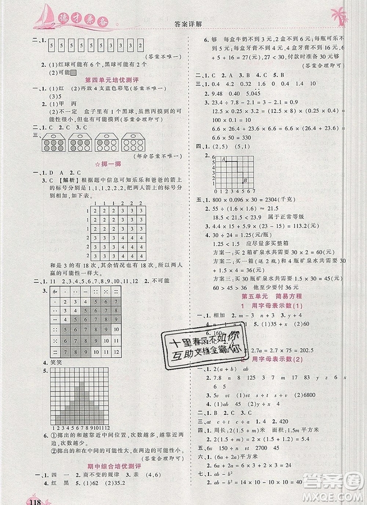 2019年秋新版王朝霞德才兼?zhèn)渥鳂I(yè)創(chuàng)新設(shè)計五年級數(shù)學(xué)上冊人教版答案