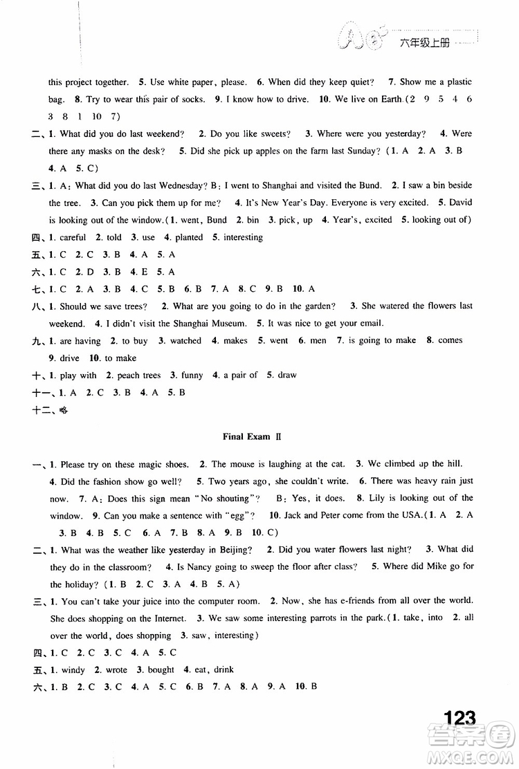 2019年練習(xí)與測(cè)試小學(xué)英語(yǔ)譯林版六年級(jí)上冊(cè)參考答案