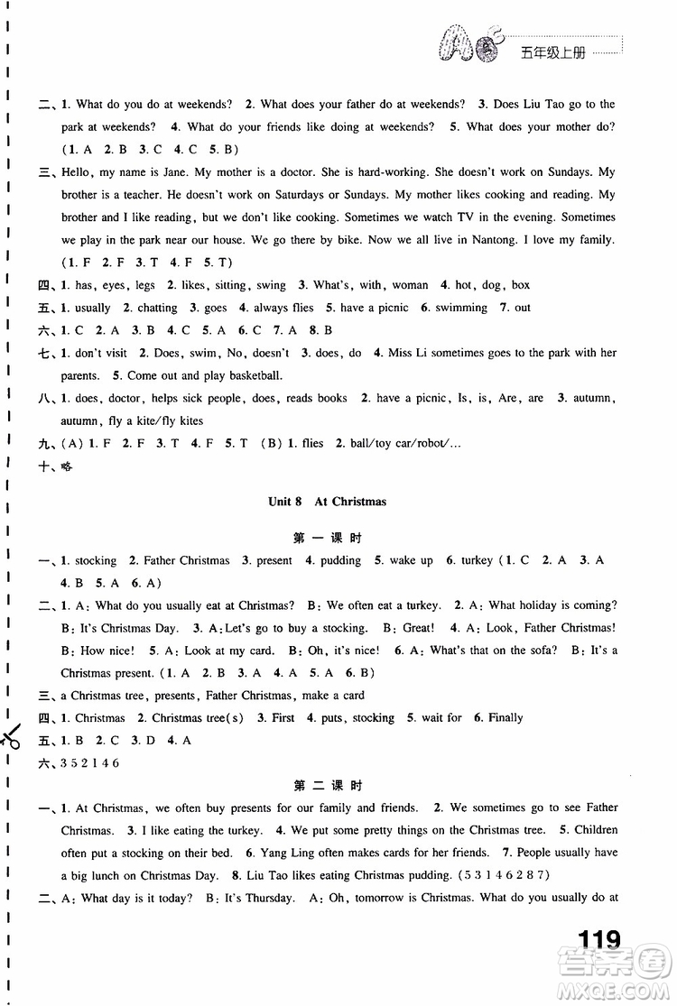 2019年練習(xí)與測試小學(xué)英語譯林版五年級上冊參考答案