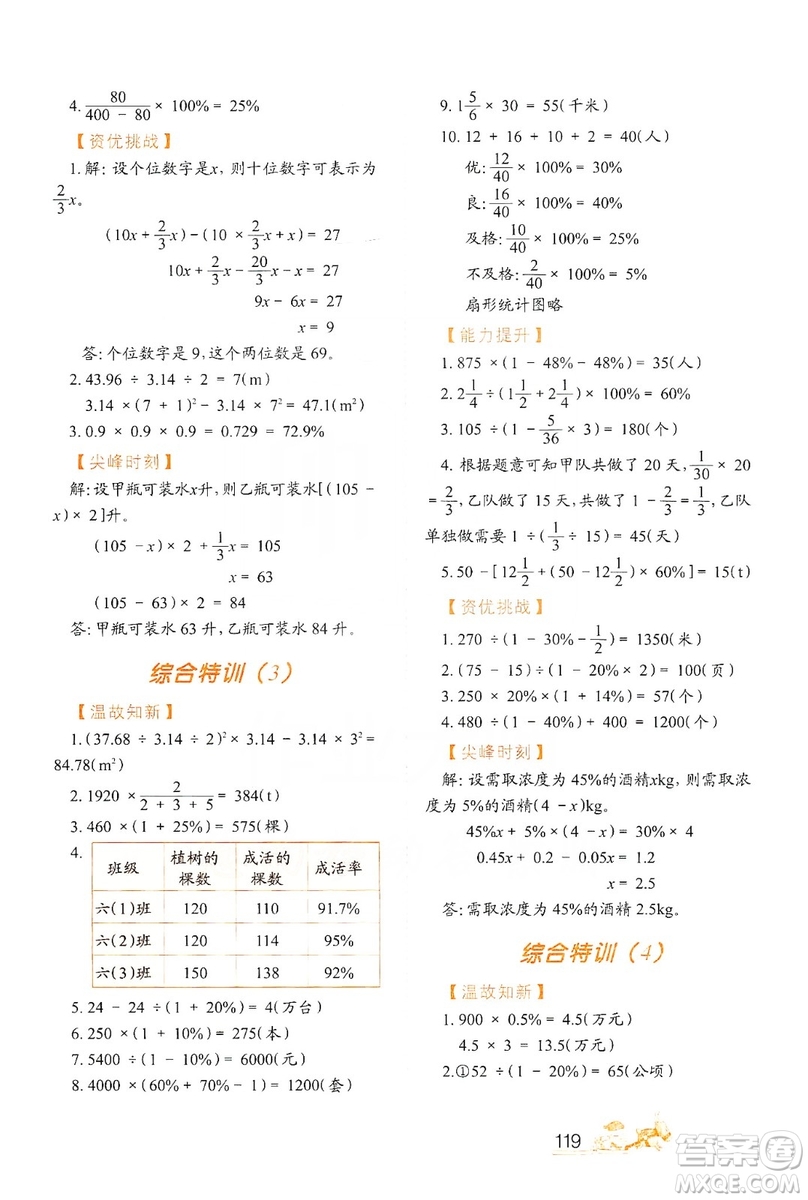 北方婦女兒童出版社2019小學(xué)生應(yīng)用題特訓(xùn)六年級上冊答案