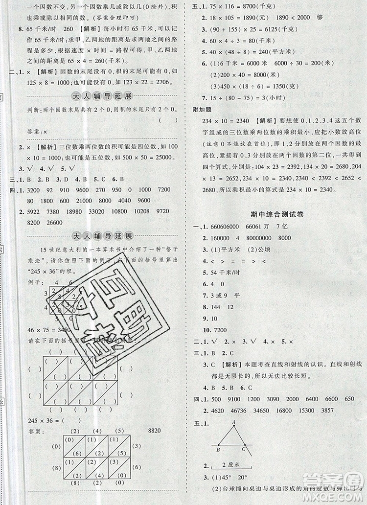 2019年秋新版王朝霞德才兼?zhèn)渥鳂I(yè)創(chuàng)新設(shè)計四年級數(shù)學(xué)上冊人教版答案