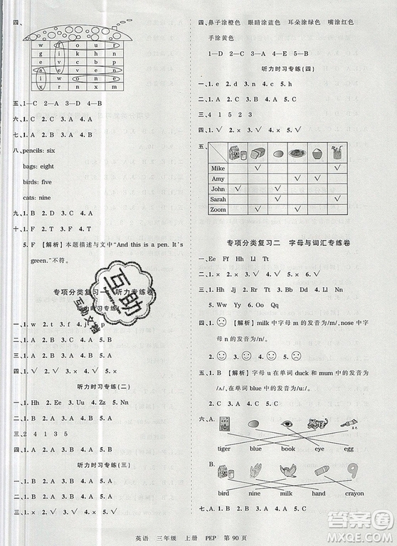 江西人民出版社2019年王朝霞考點(diǎn)梳理時(shí)習(xí)卷三年級英語上冊人教版答案