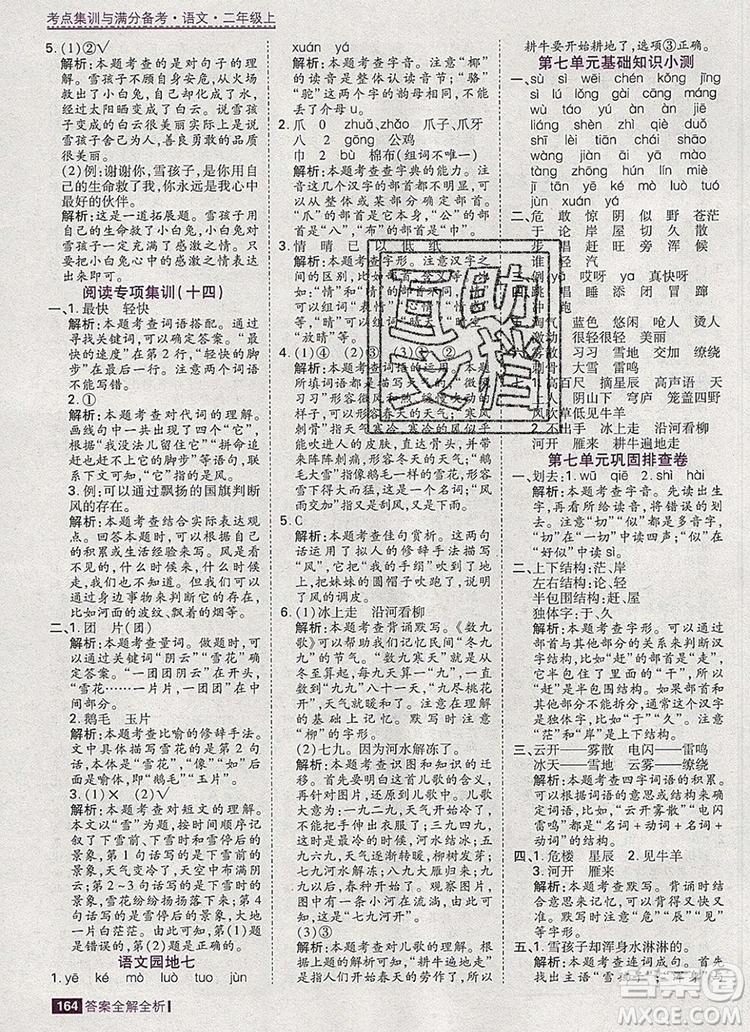 2019年考點(diǎn)集訓(xùn)與滿分備考二年級(jí)語文上冊(cè)人教版答案