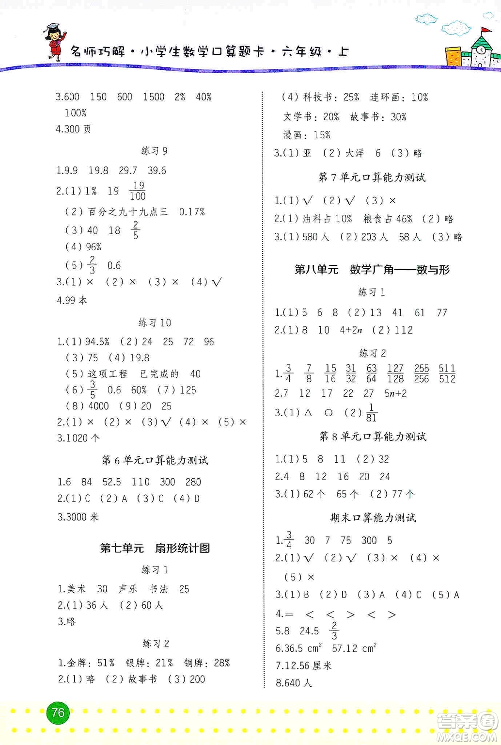 2019名師巧解小學(xué)生數(shù)學(xué)同步口算題卡應(yīng)用題六年級上冊人教版答案