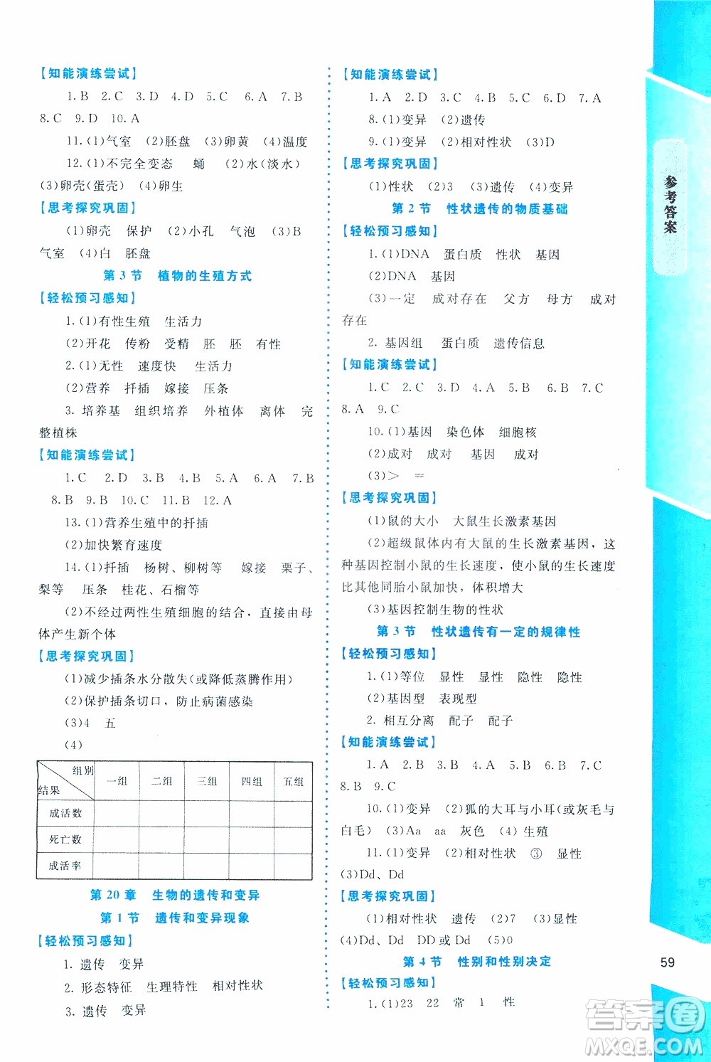 2019年課內(nèi)課外直通車生物八年級上冊北師大版福建專版參考答案