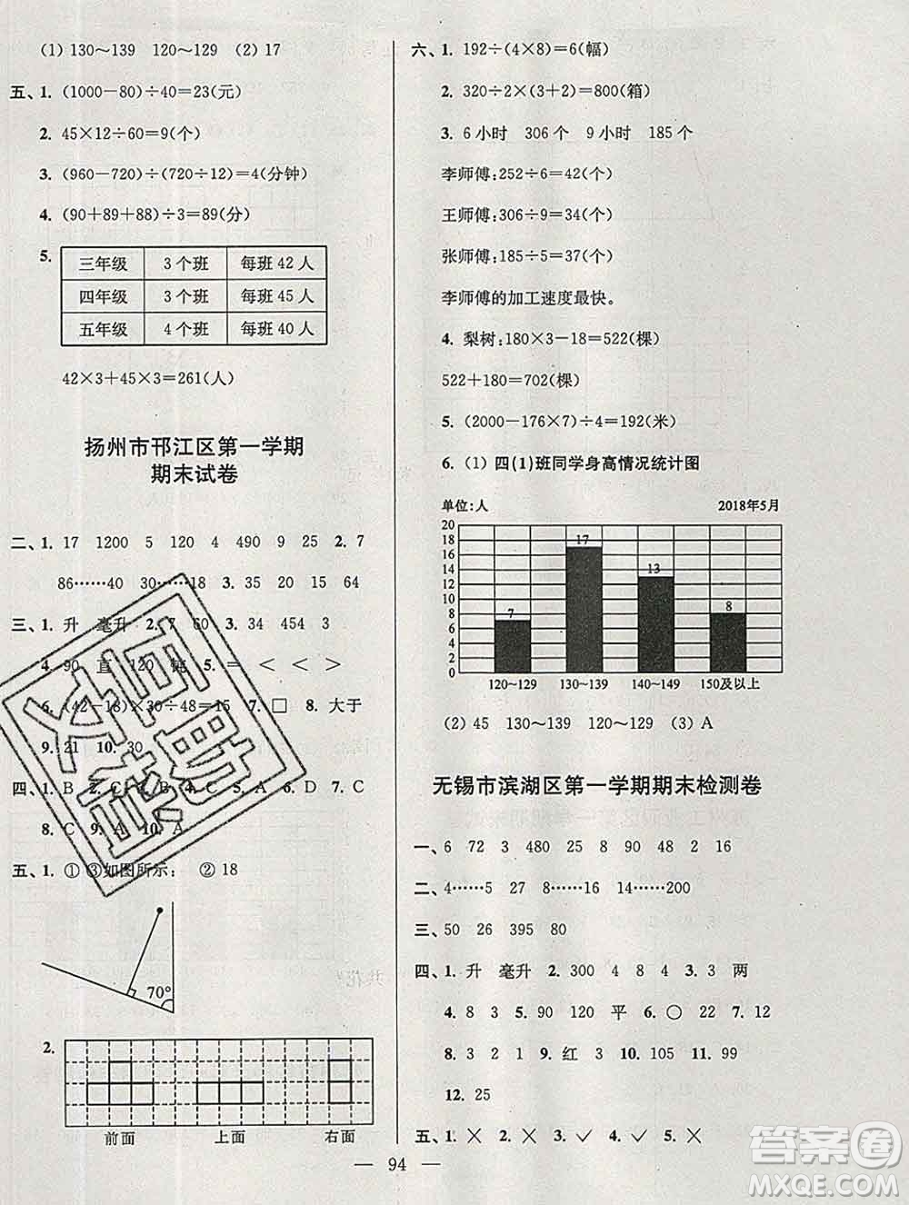 2019年超能學(xué)典各地期末試卷精選四年級(jí)數(shù)學(xué)上冊(cè)江蘇版答案