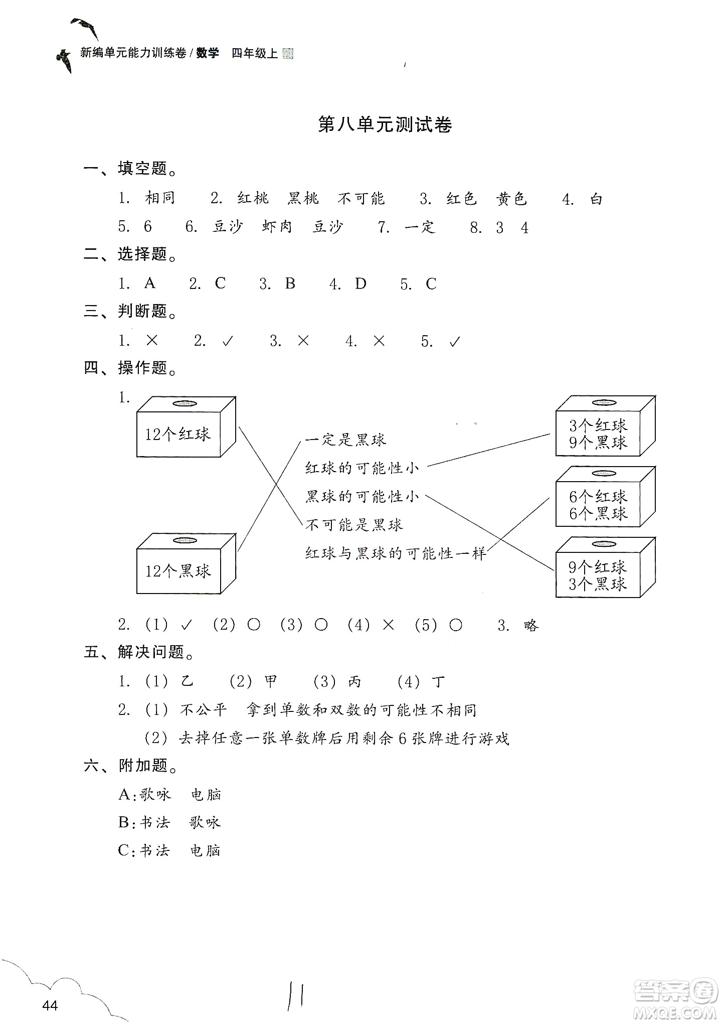 浙江教育出版社2019新編單元能力訓(xùn)練卷四年級數(shù)學(xué)上冊答案