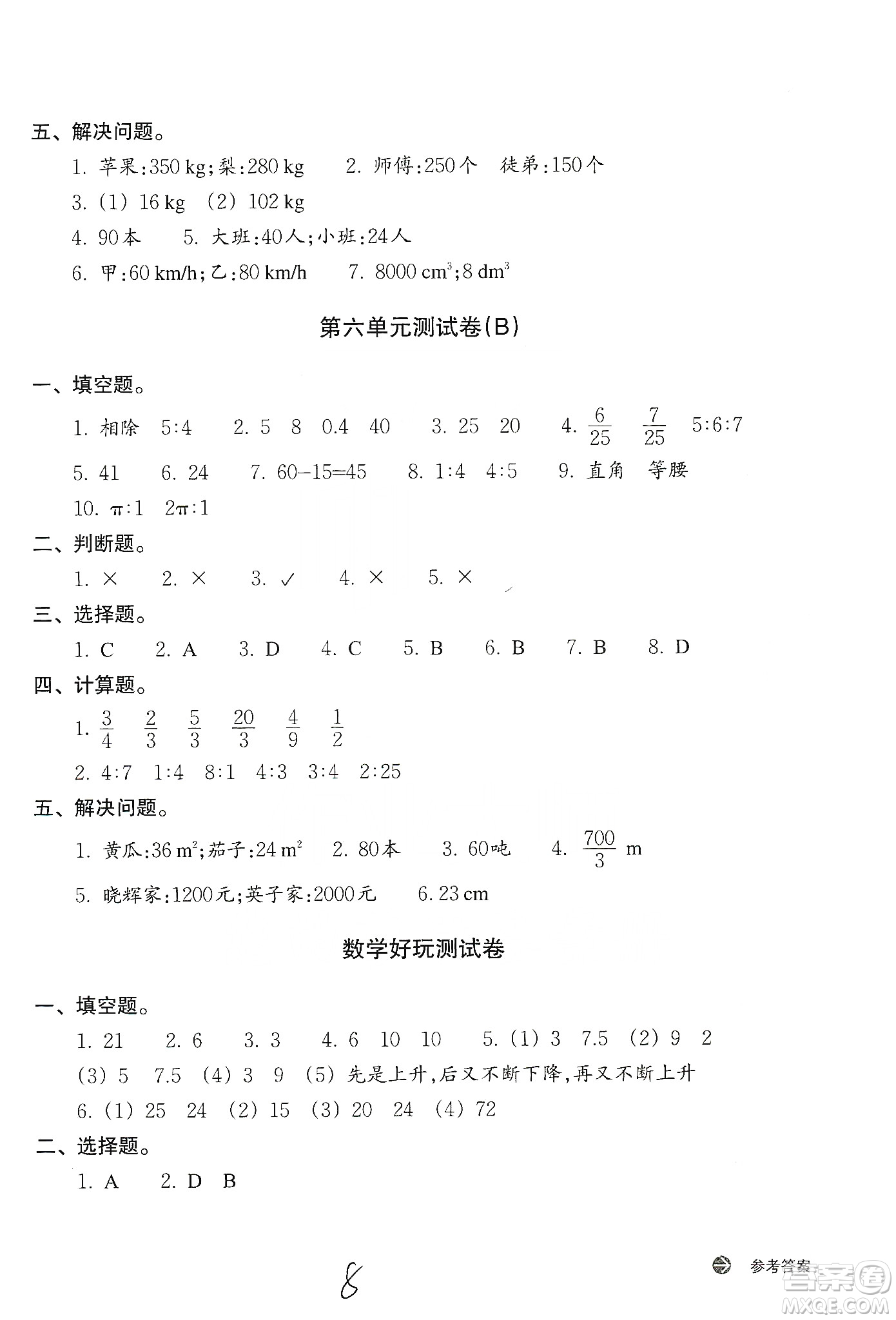 浙江教育出版社2019新編單元能力訓(xùn)練卷六年級數(shù)學(xué)上冊答案