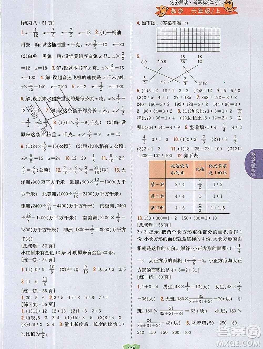 吉林人民出版社2019年小學(xué)教材全解讀六年級(jí)數(shù)學(xué)上冊(cè)江蘇版答案