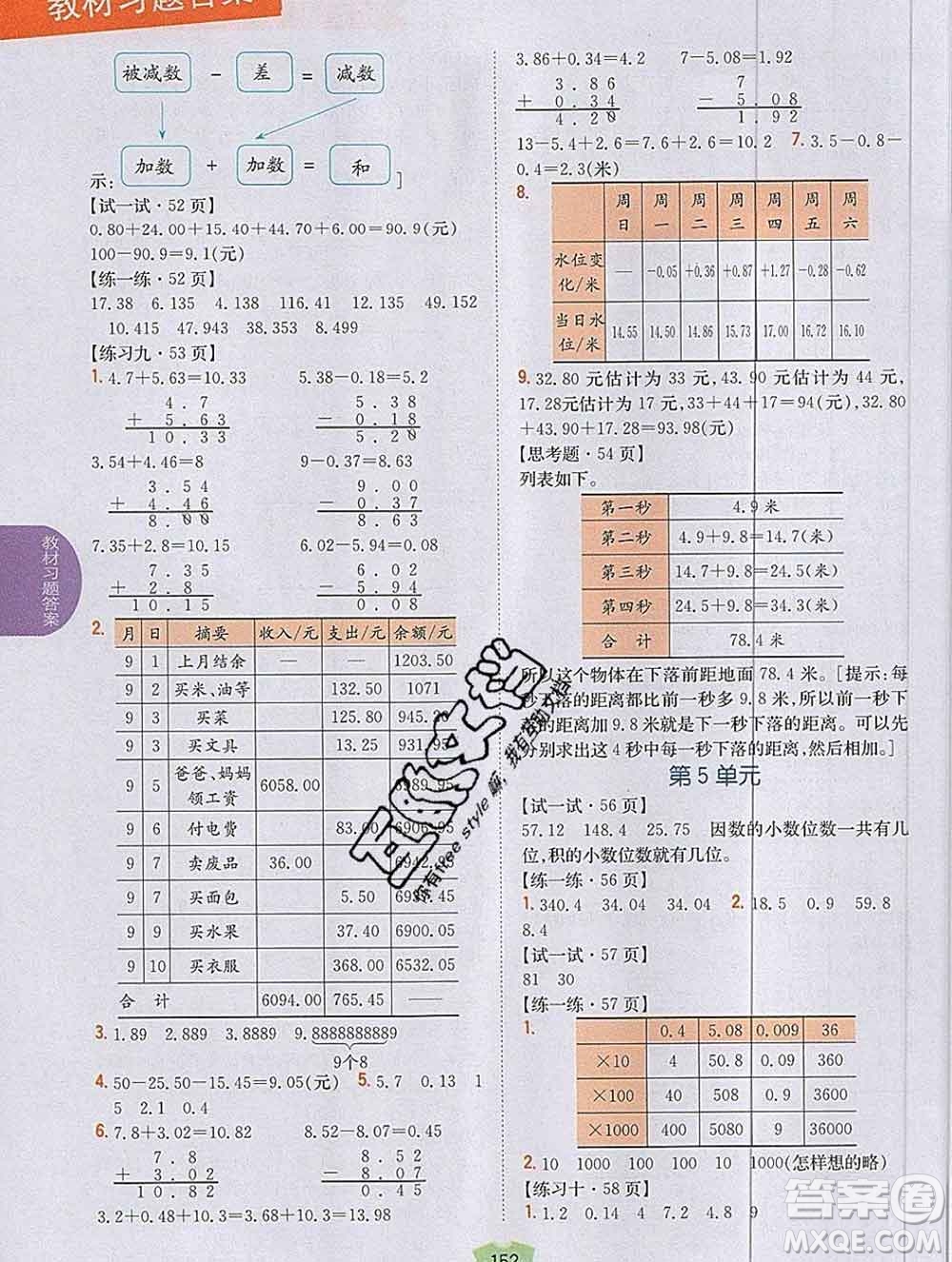 吉林人民出版社2019年小學(xué)教材全解讀五年級數(shù)學(xué)上冊江蘇版答案