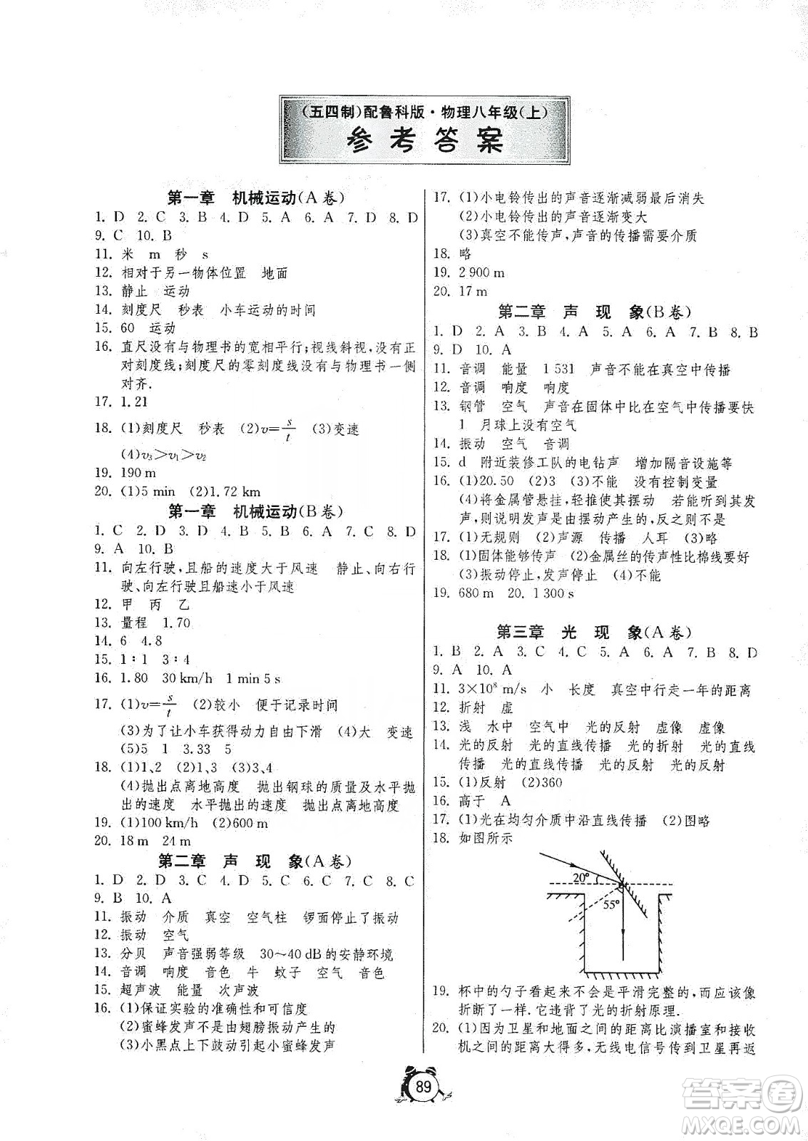 山東人民出版社2019初中單元測(cè)試卷八年級(jí)物理上冊(cè)魯科版答案