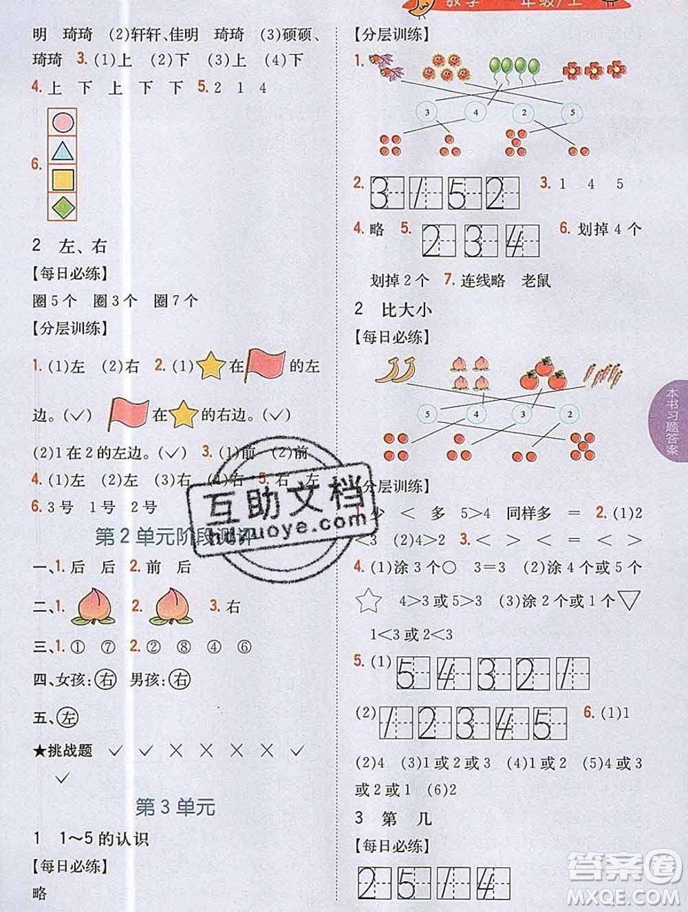 吉林人民出版社2019年小學(xué)教材全解讀一年級(jí)數(shù)學(xué)上冊(cè)人教版答案