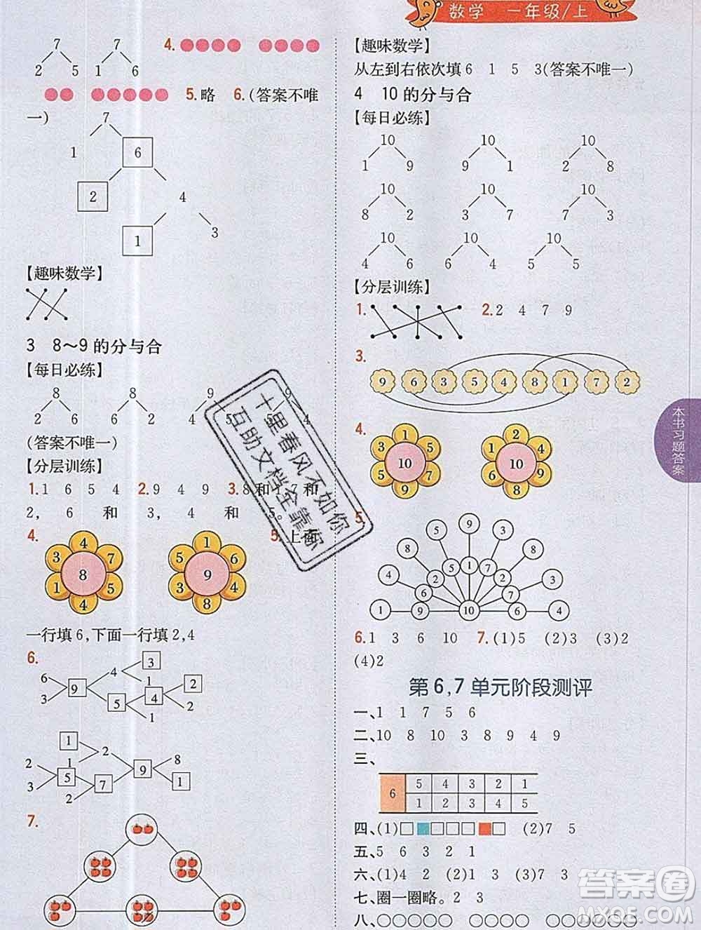 吉林人民出版社2019年小學(xué)教材全解讀一年級數(shù)學(xué)上冊江蘇版答案