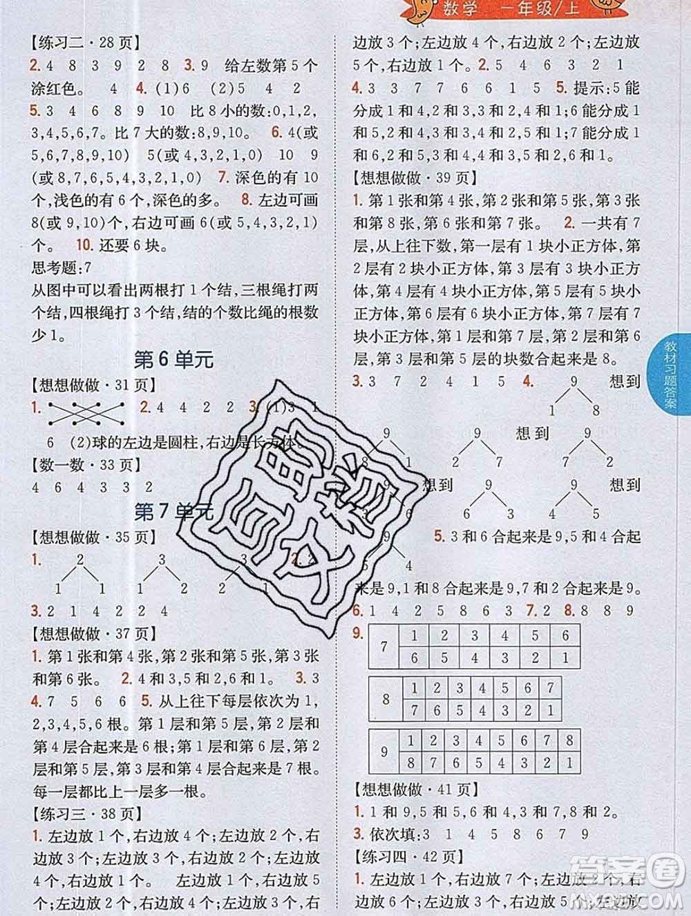 吉林人民出版社2019年小學(xué)教材全解讀一年級數(shù)學(xué)上冊江蘇版答案