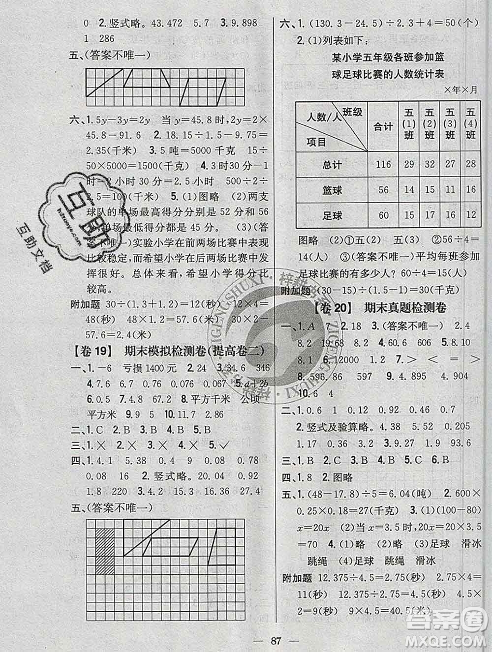 2019年小學教材完全考卷五年級數(shù)學上冊江蘇版答案