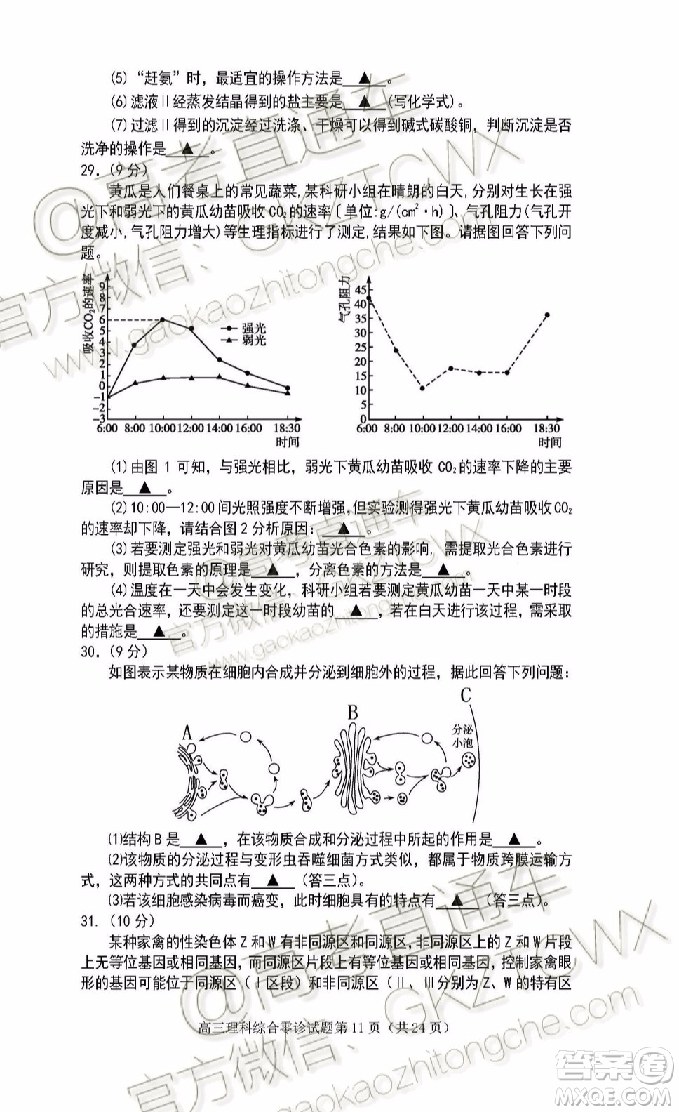 遂寧市高中2020屆零診考試理科綜合試題及參考答案