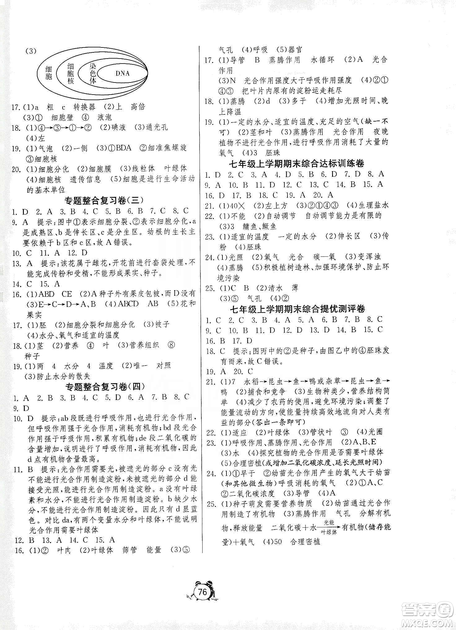 山東人民出版社2019初中單元測(cè)試卷七年級(jí)生物學(xué)上冊(cè)人教版答案