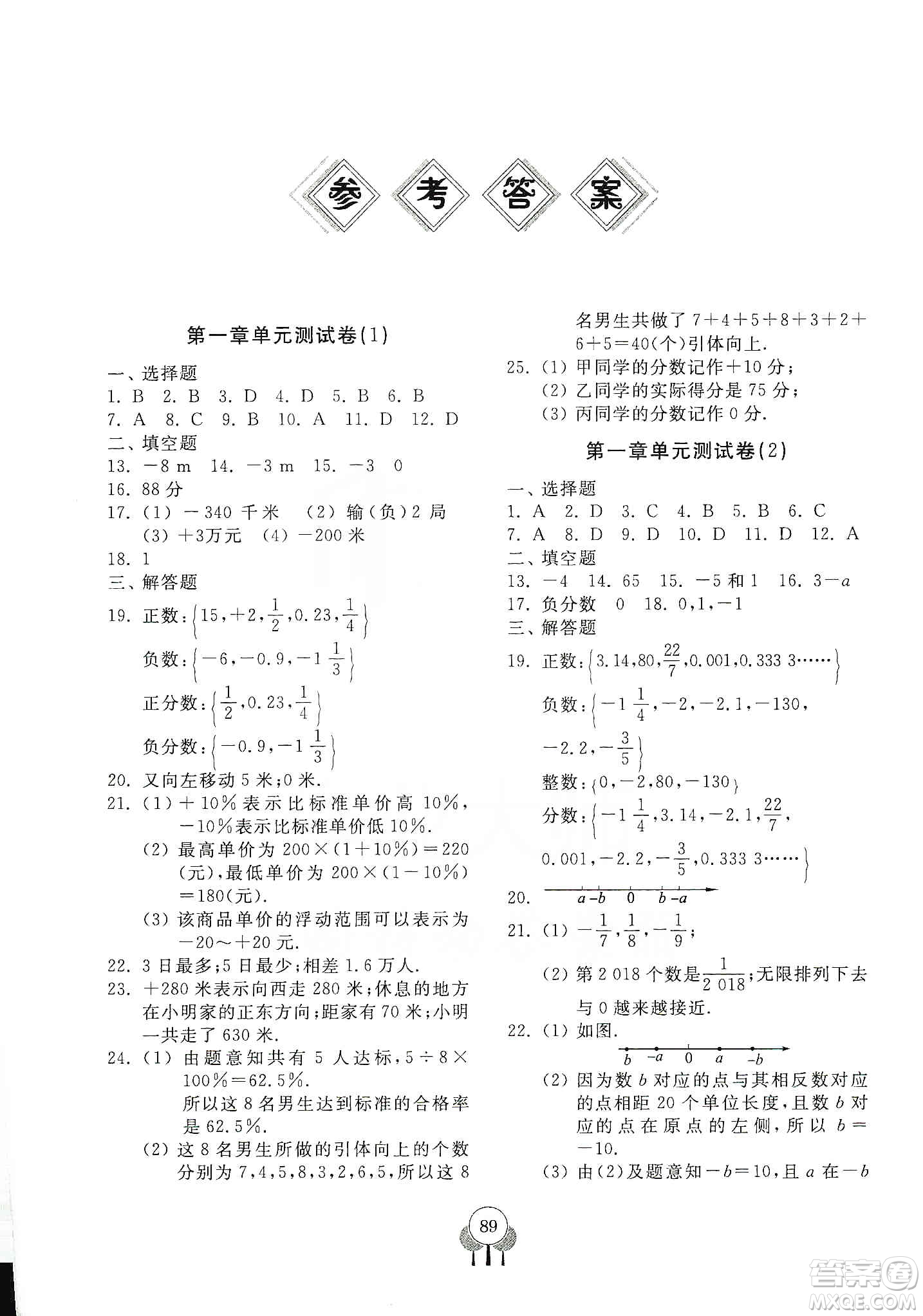 齊魯書社2019初中單元測試卷七年級數(shù)學上冊人教版答案