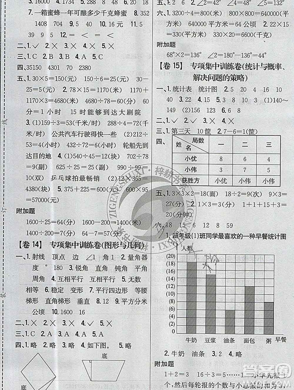 2019年小學教材完全考卷四年級數(shù)學上冊人教版答案