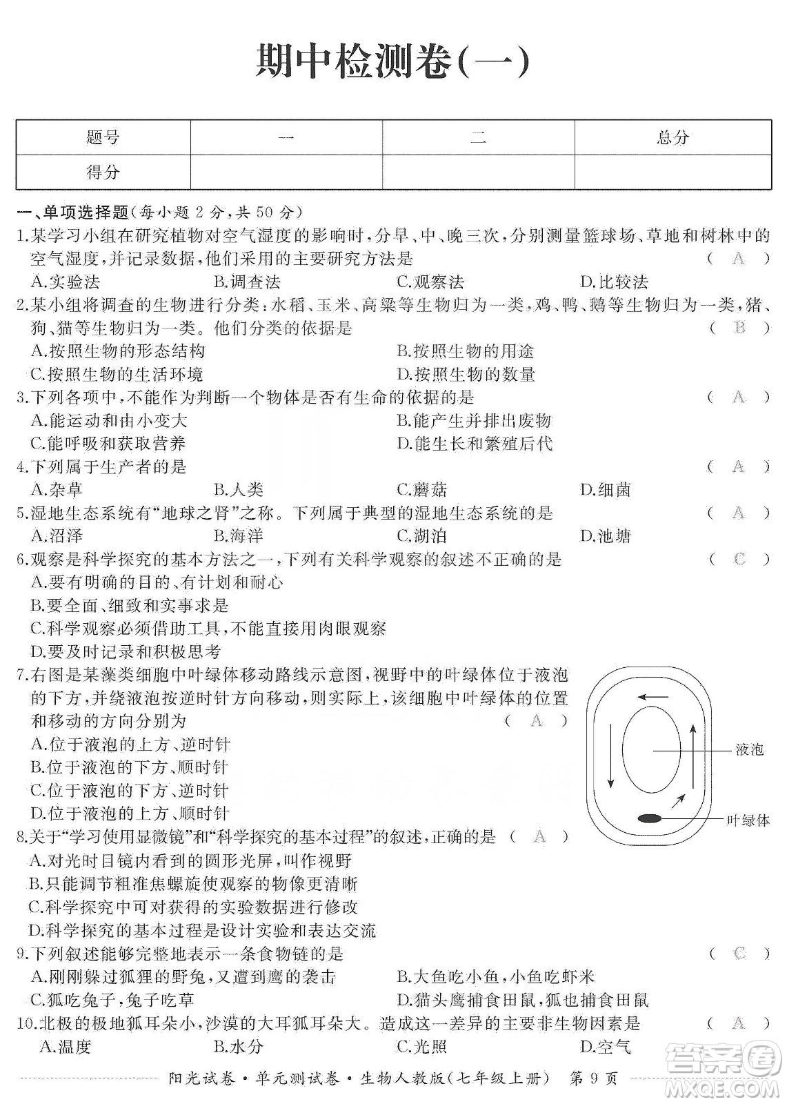 江西高校出版社2019陽光試卷單元測試卷七年級生物上冊人教版答案