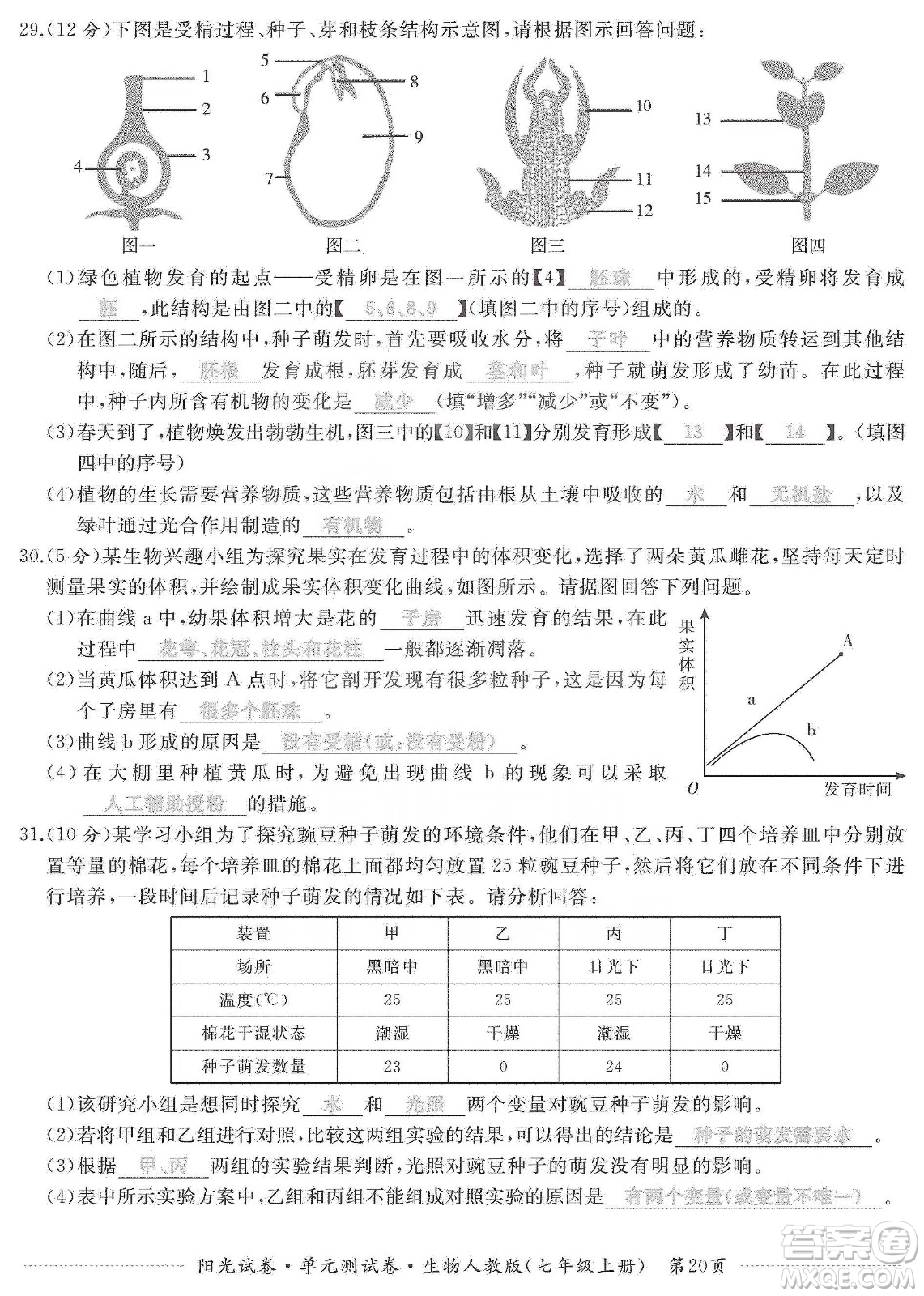 江西高校出版社2019陽光試卷單元測試卷七年級生物上冊人教版答案