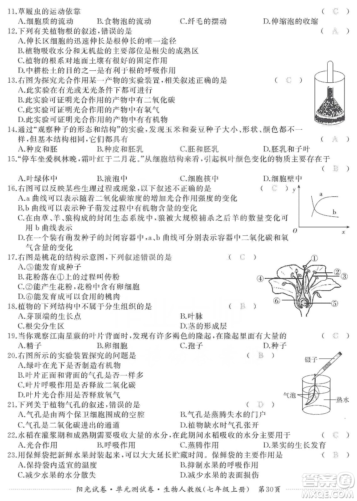 江西高校出版社2019陽光試卷單元測試卷七年級生物上冊人教版答案