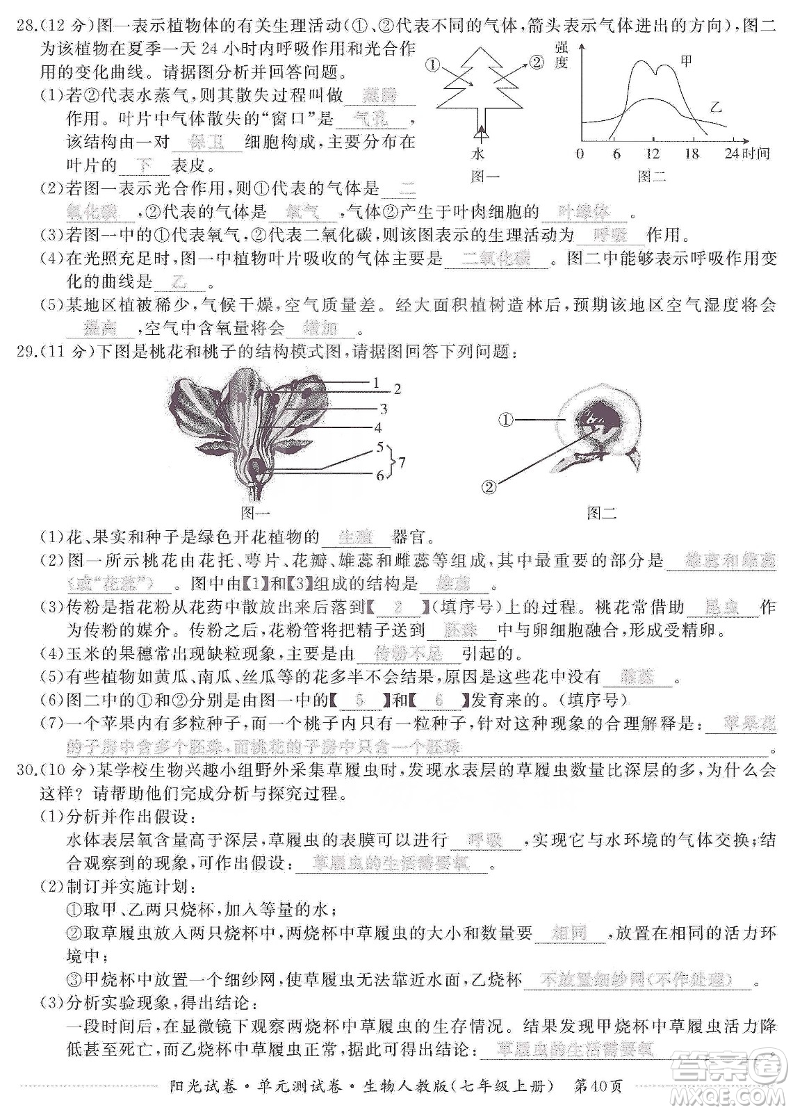 江西高校出版社2019陽光試卷單元測試卷七年級生物上冊人教版答案