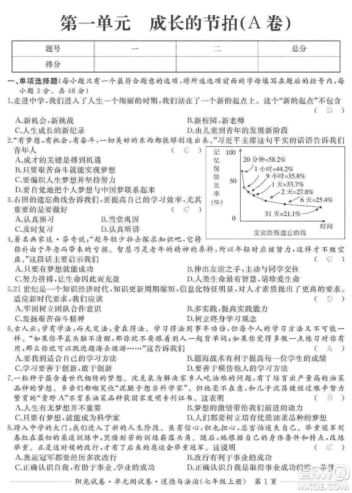 江西高校出版社2019陽光試卷單元測試卷七年級道德與法治上冊人教版答案