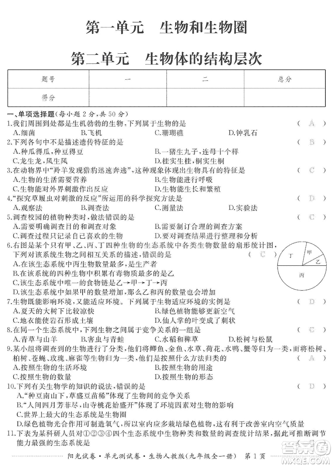 江西高校出版社2019陽光試卷單元測試卷九年級生物全一冊人教版答案