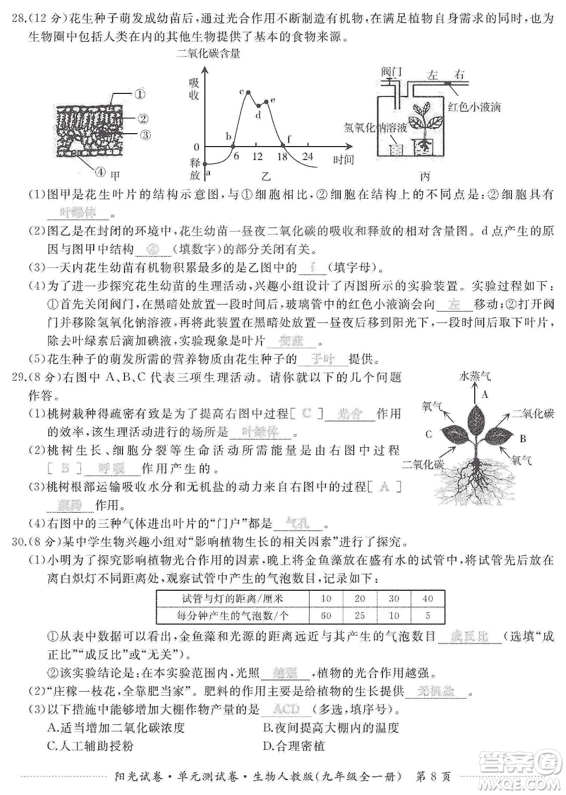 江西高校出版社2019陽光試卷單元測試卷九年級生物全一冊人教版答案