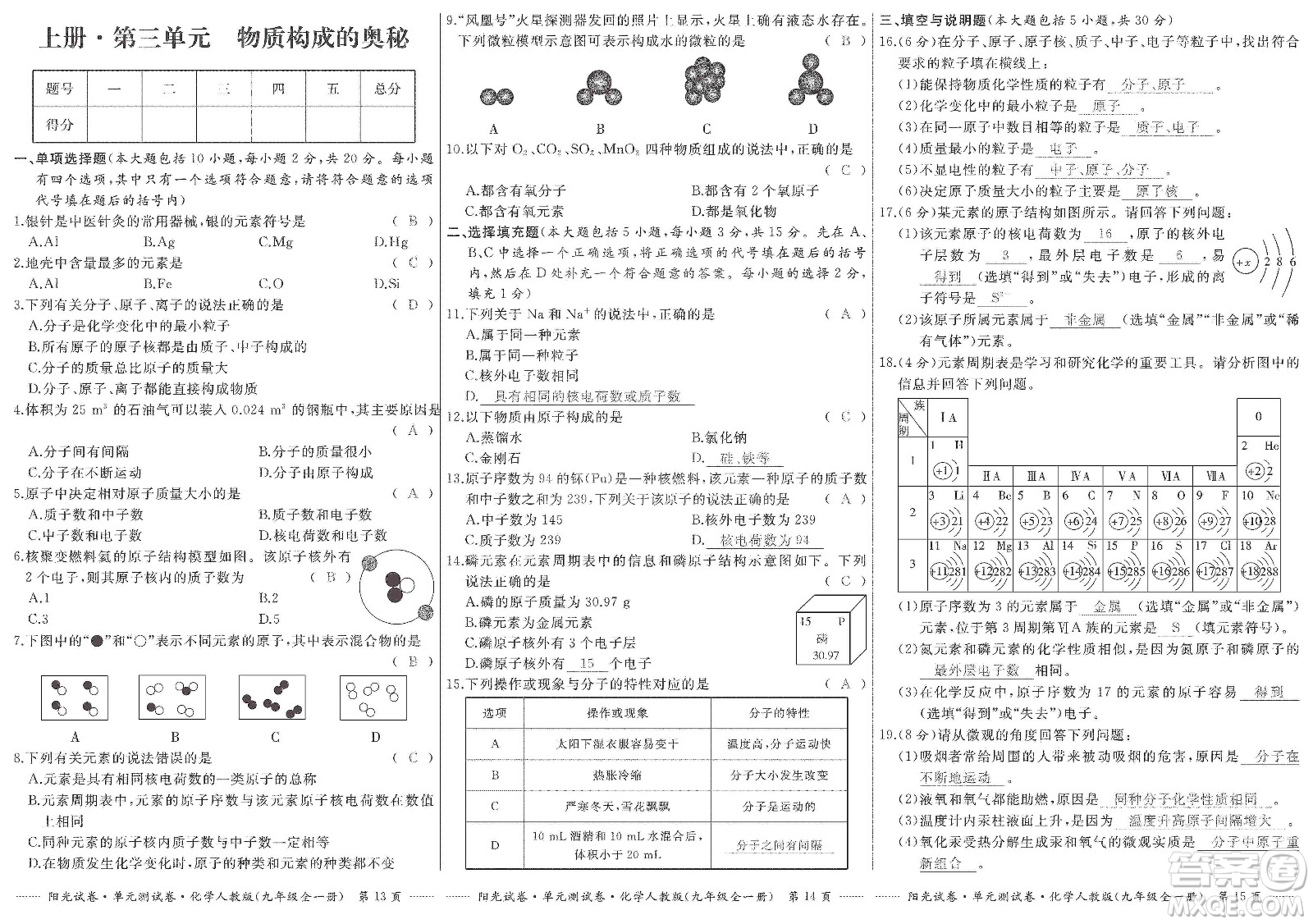 江西高校出版社2019陽(yáng)光試卷單元測(cè)試卷九年級(jí)化學(xué)全一冊(cè)人教版答案