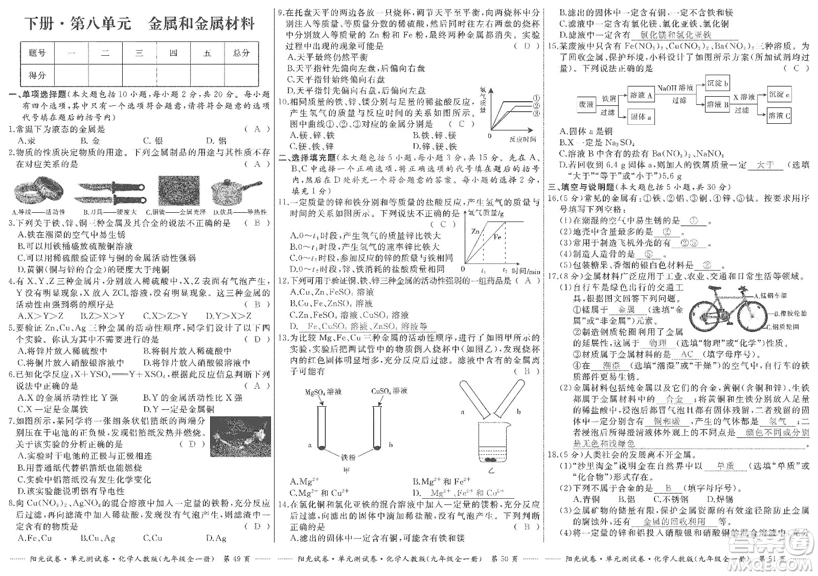 江西高校出版社2019陽(yáng)光試卷單元測(cè)試卷九年級(jí)化學(xué)全一冊(cè)人教版答案