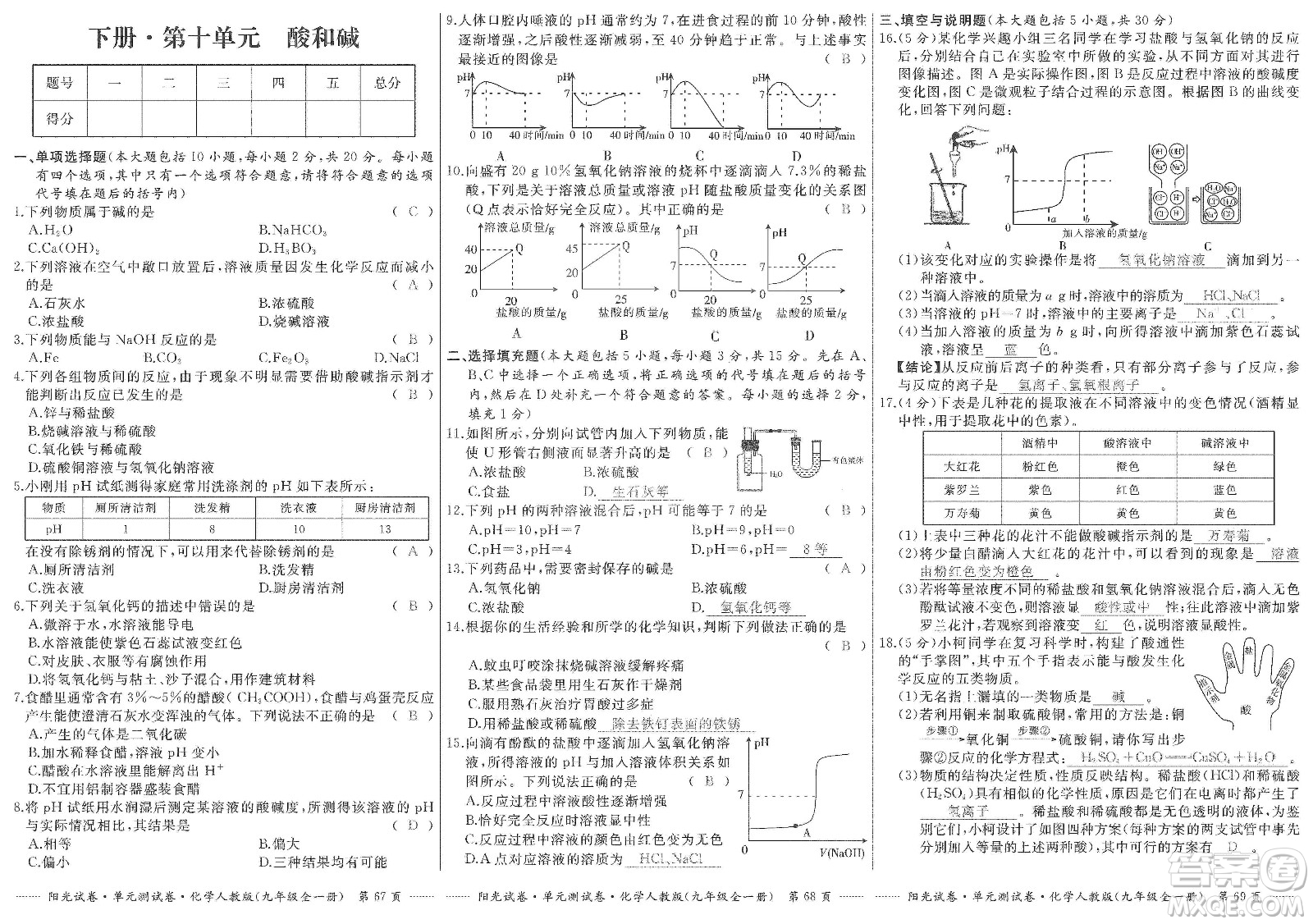 江西高校出版社2019陽(yáng)光試卷單元測(cè)試卷九年級(jí)化學(xué)全一冊(cè)人教版答案