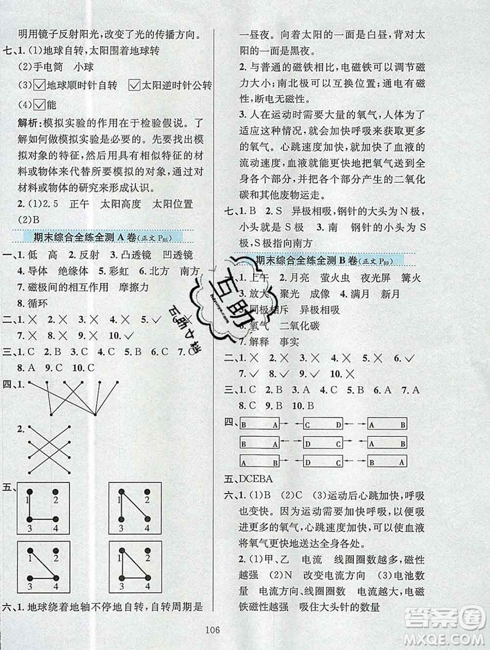 陜西人民教育出版社2019年小學(xué)教材全練五年級(jí)科學(xué)上冊江蘇版答案