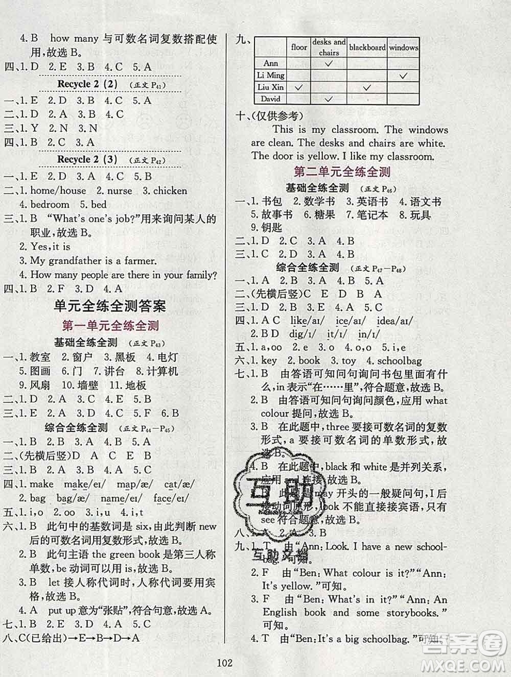 陜西人民教育出版社2019年小學(xué)教材全練四年級(jí)英語上冊(cè)人教版三起答案