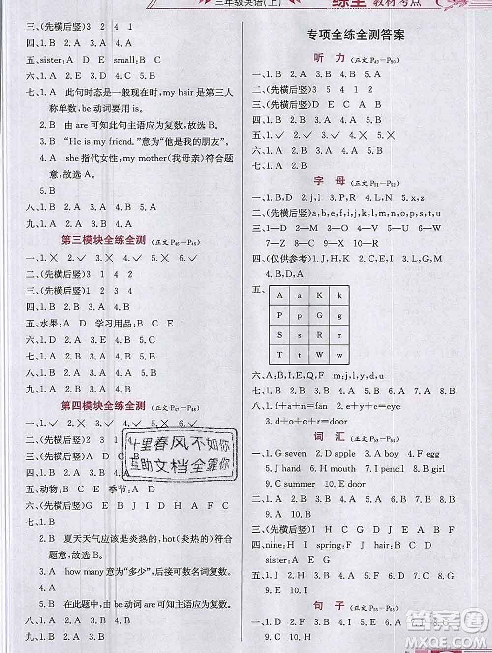 陜西人民教育出版社2019年小學(xué)教材全練三年級英語上冊滬教牛津版答案