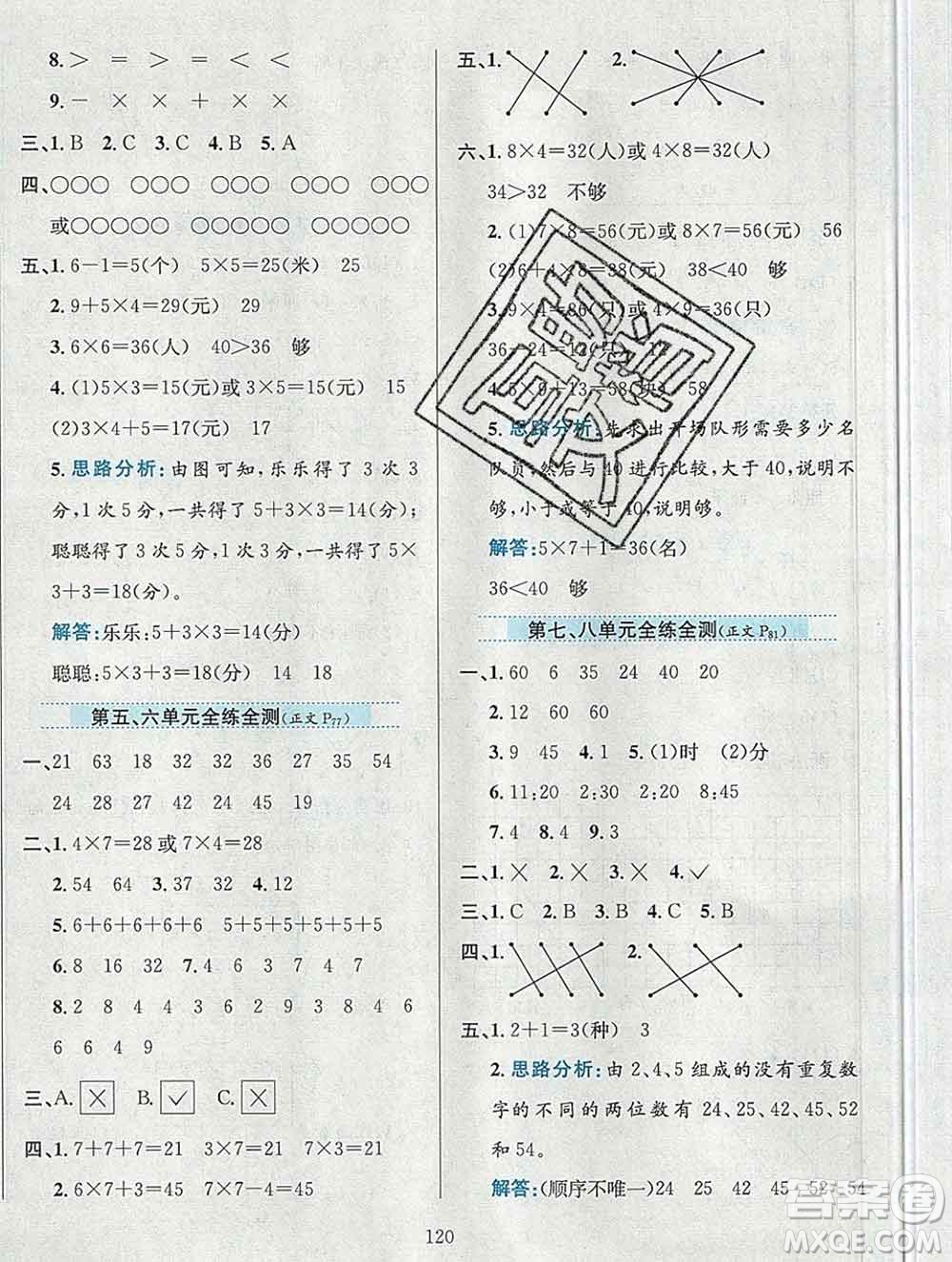 陜西人民教育出版社2019年小學(xué)教材全練二年級(jí)數(shù)學(xué)上冊(cè)人教版答案