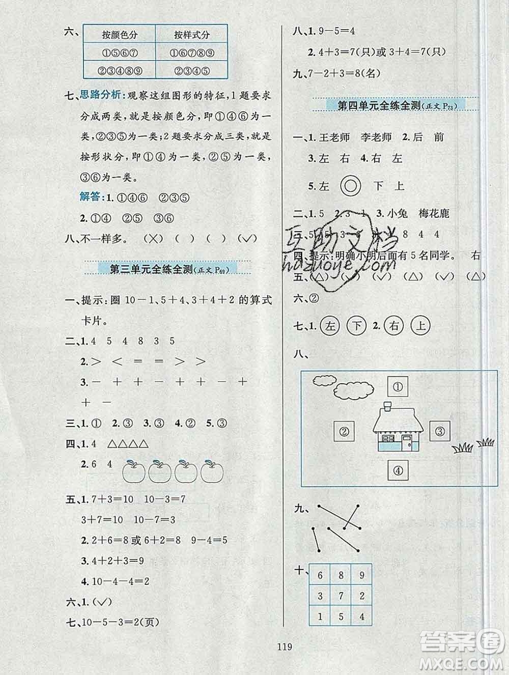 陜西人民教育出版社2019年小學教材全練一年級數(shù)學上冊青島版六三制答案