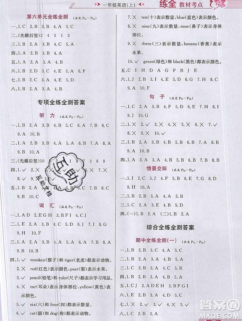 陜西人民教育出版社2019年小學(xué)教材全練一年級英語上冊人教版一起答案