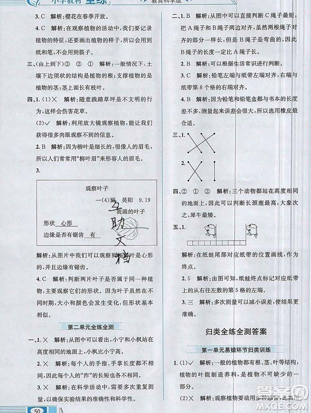 陜西人民教育出版社2019年小學(xué)教材全練一年級科學(xué)上冊教科版答案